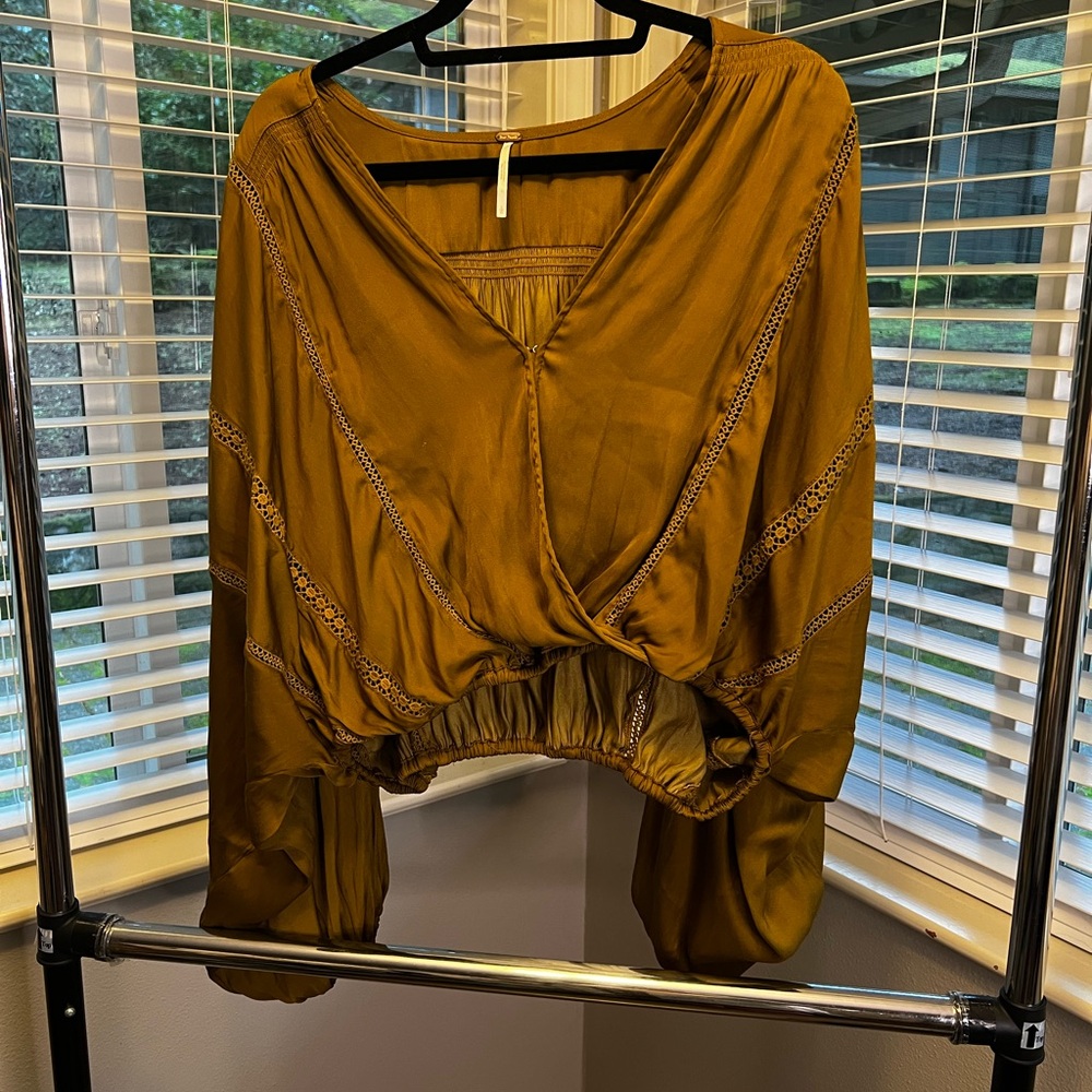 Free People Mustard Yellow Crop Blouse with Puff Sleeves and Ruched Design